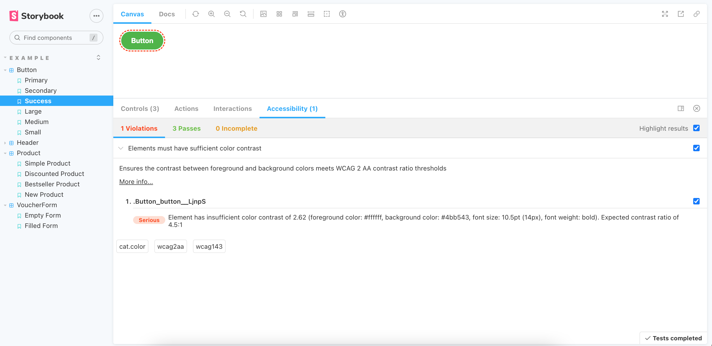Storybook webui. Configuration of button component is opened. In the Accessibility Tab, 1 violation was found. Description of this violation says that element has insufficient color contrast.
