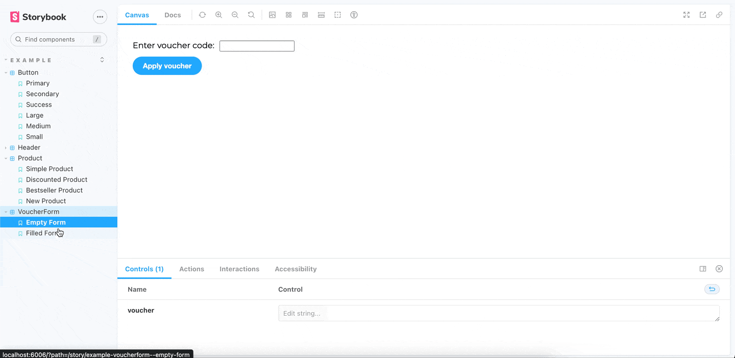 Storybook web ui. Filling input field in voucher form with text VAUCHER20. 